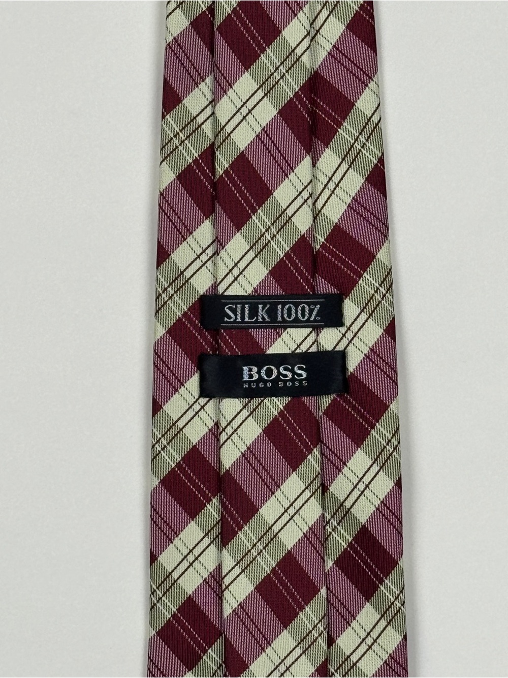 Hugo Boss Maroon and Cream Plaid Silk Tie